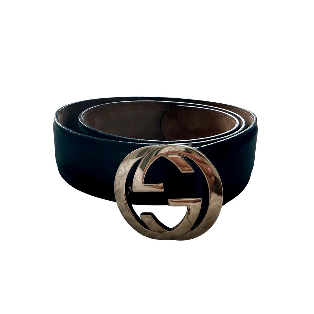 Gucci Interlocking G Black Leather Belt Gold Buckle 370543 AP00G 85 34